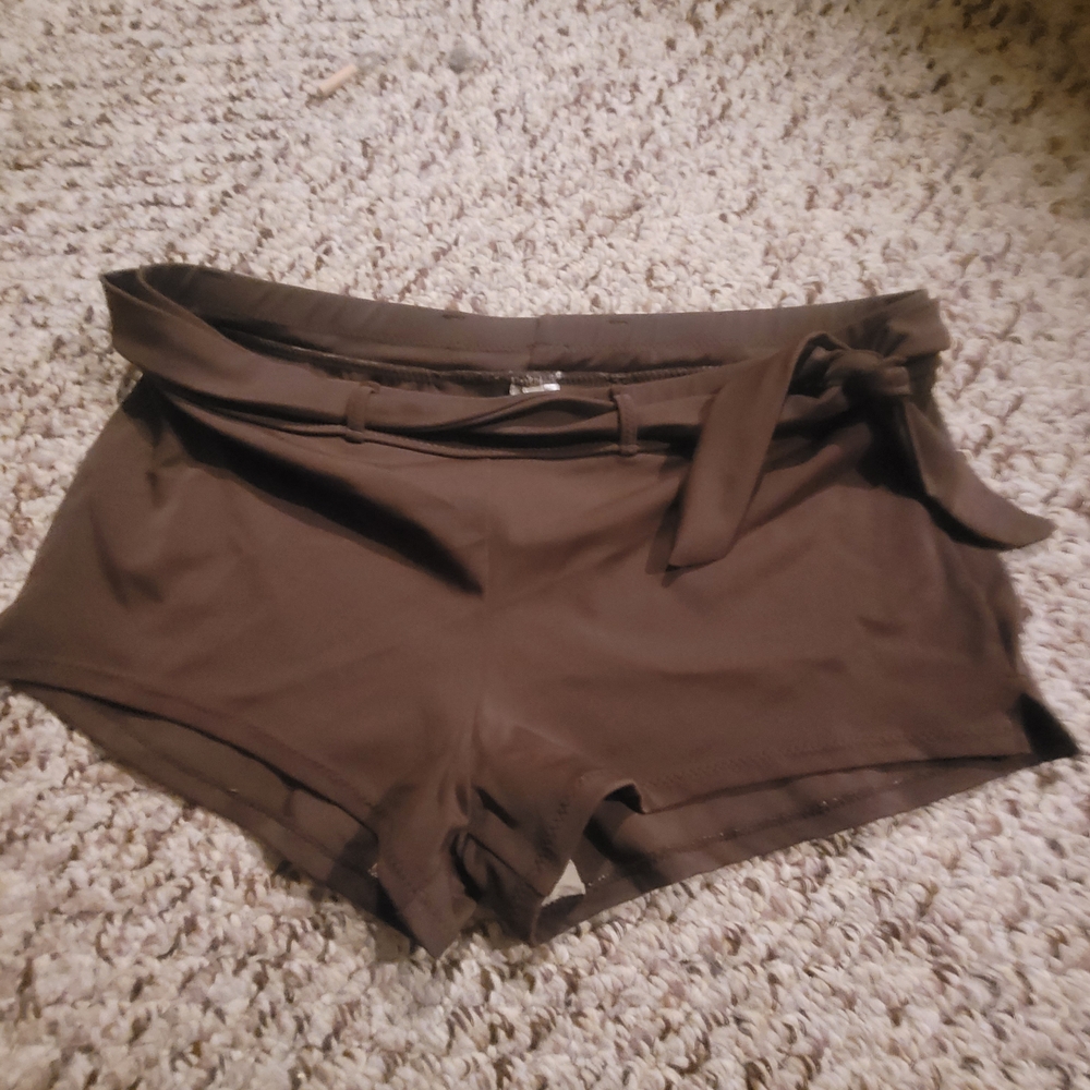 High Waist Brown Tie-Waist Swim Shorts